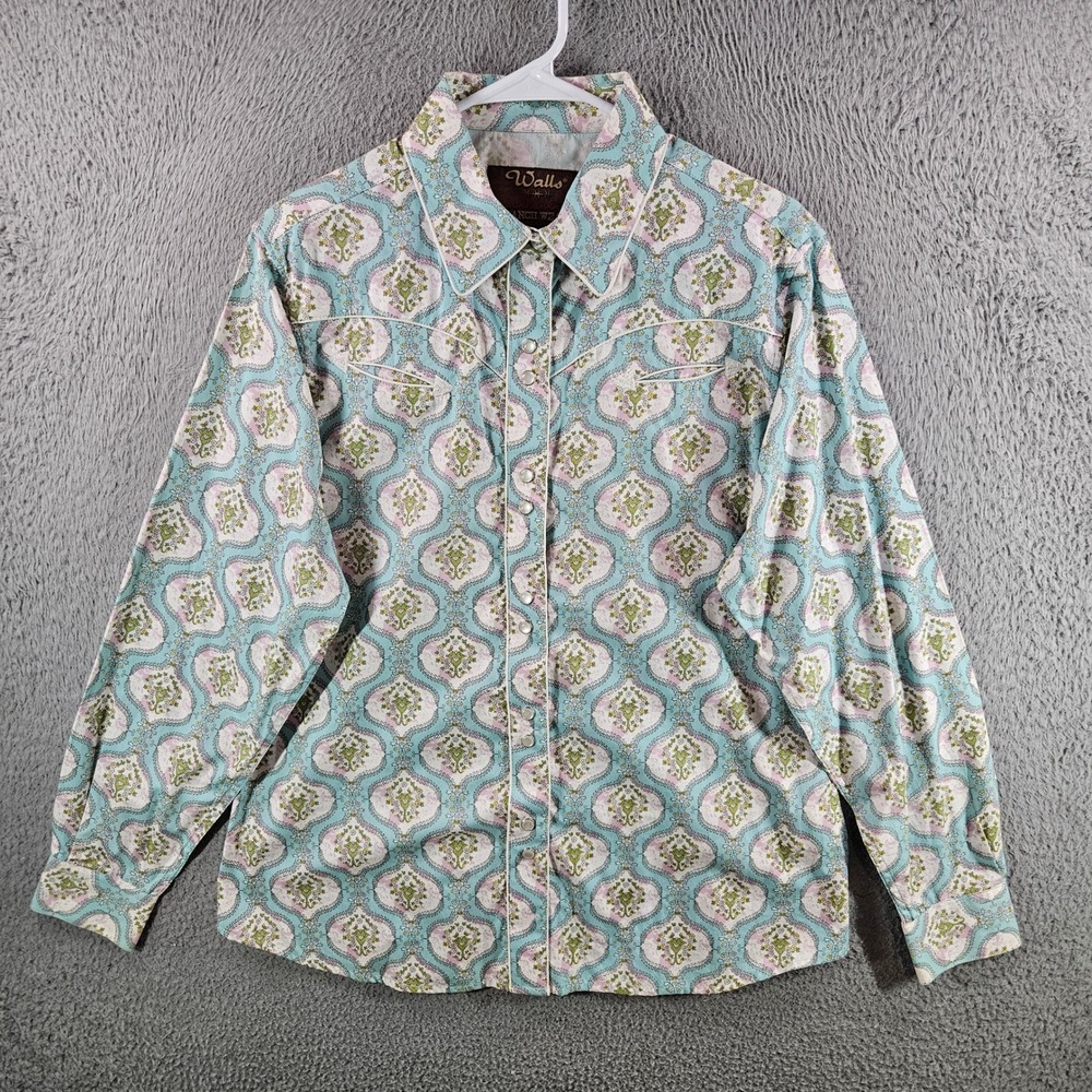 Walls Authentic‎ Ranch Wear Womens Large Teal Floral Western Pearl Snap Shirt L